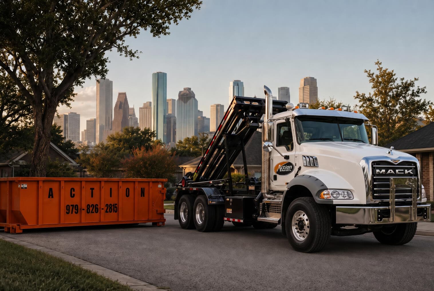 Action Roll-Offs Mack roll-off truck delivering an orange 30-yard dumpster on a Houston residential street with the downtown skyline in the background