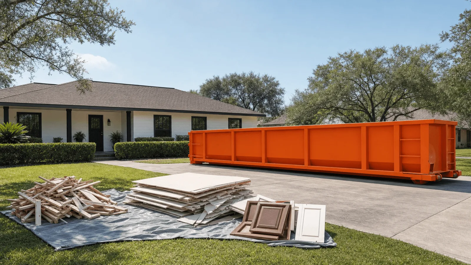 Tidy job site with separate piles of lumber and drywall and a set-aside pile next to an orange roll-off dumpster