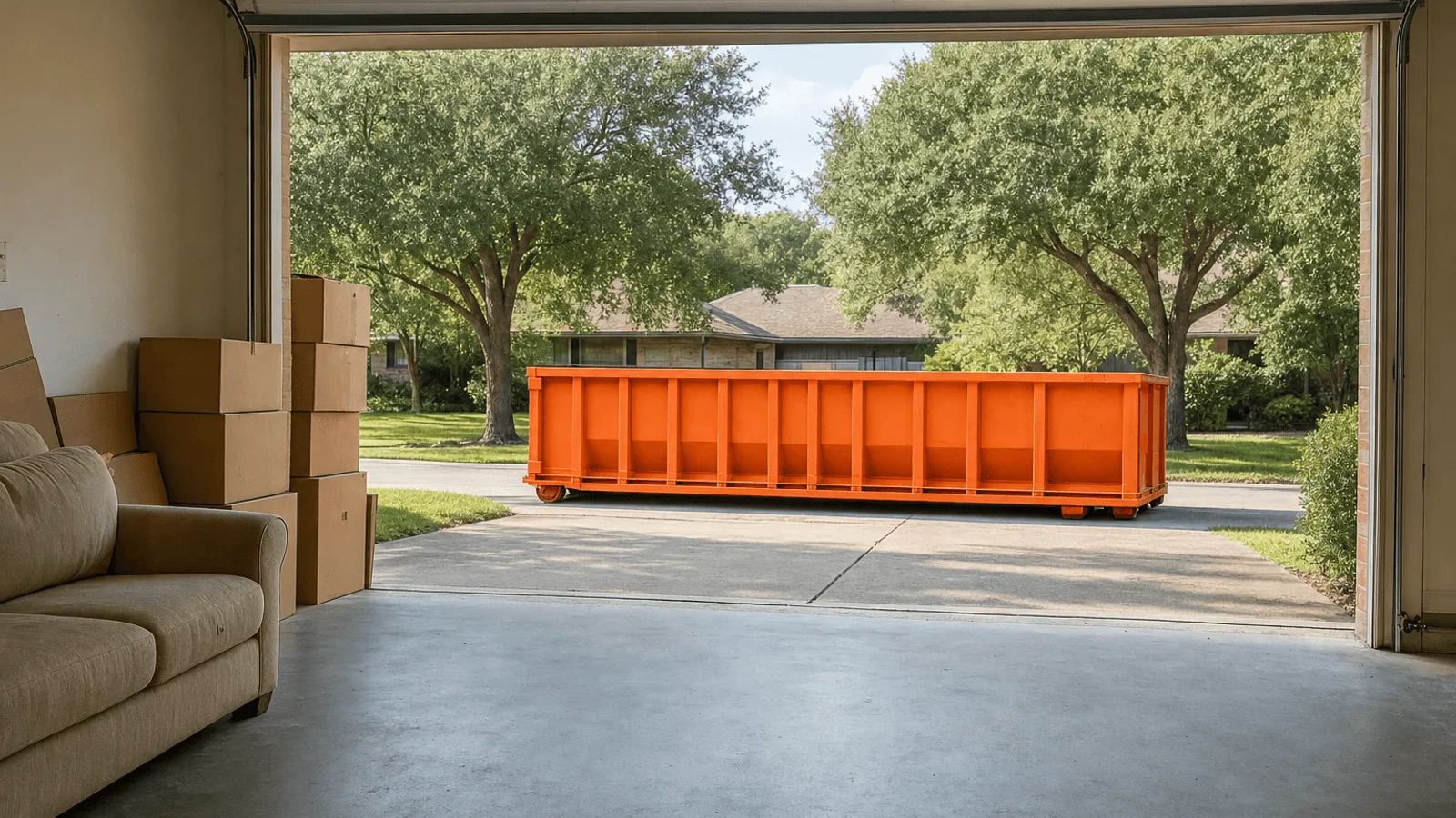 Half-cleared garage with boxes and an old couch and an orange roll-off dumpster visible on the driveway